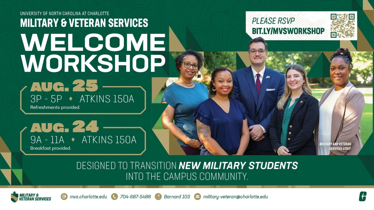 Military & Veteran Services welcome workshop from 3-5 p.m. August 25th and 9-11 a.m. August 24th, information and a RSVP code at bit.ly/mvsworkshop