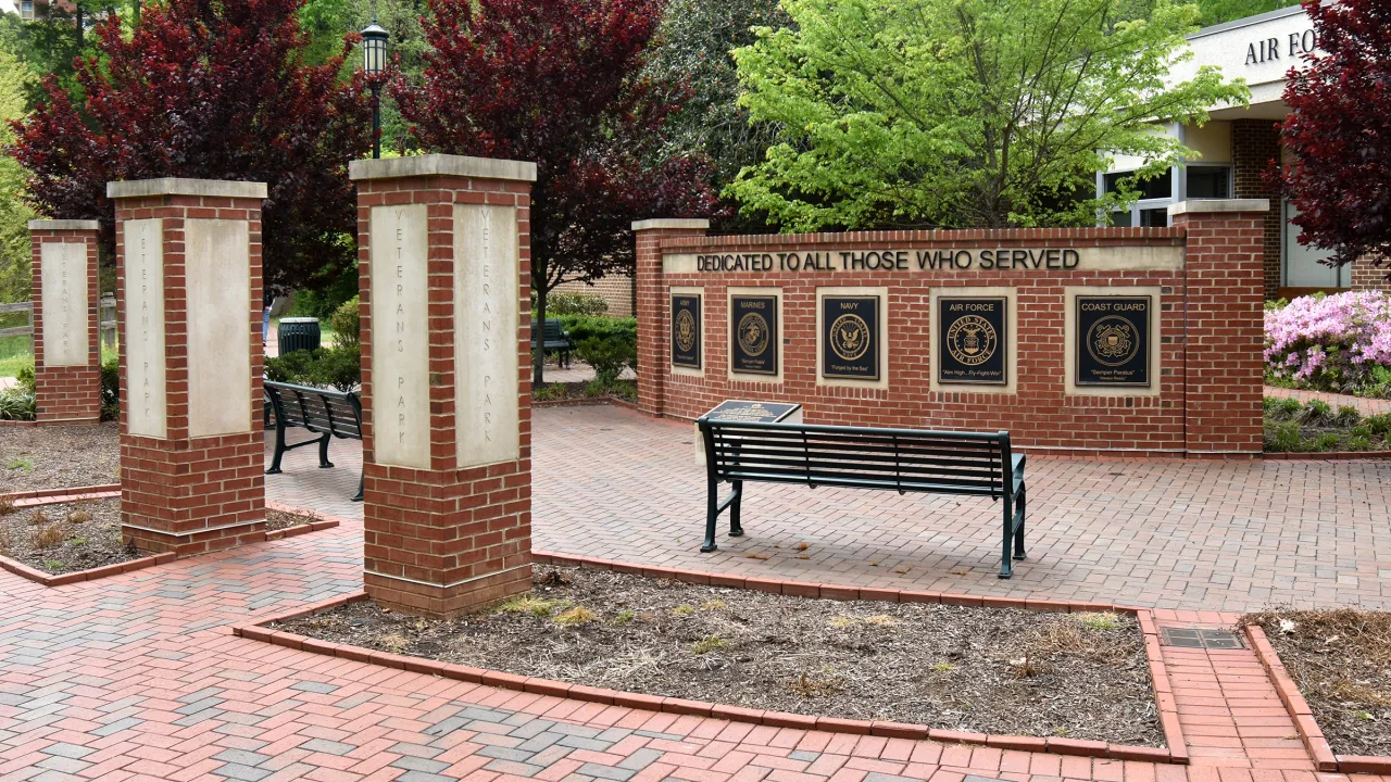UNC Charlotte Veterans Park with brick patio and monuments