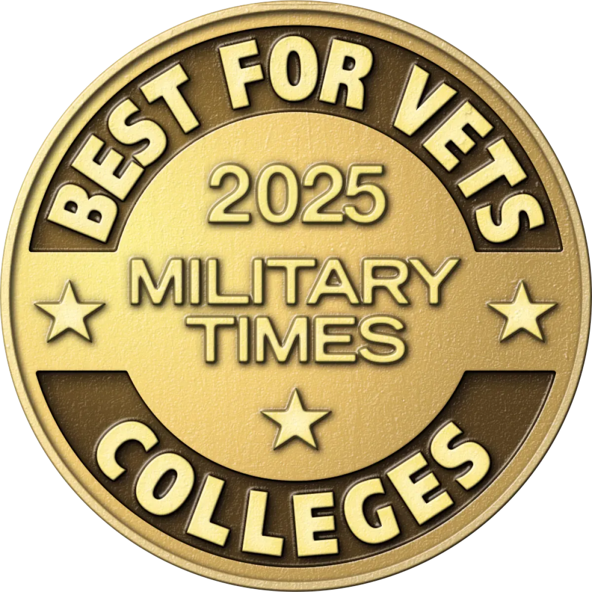 2025 Military Times Best for Vets Colleges Badge, an all-gold badge with three stars on it