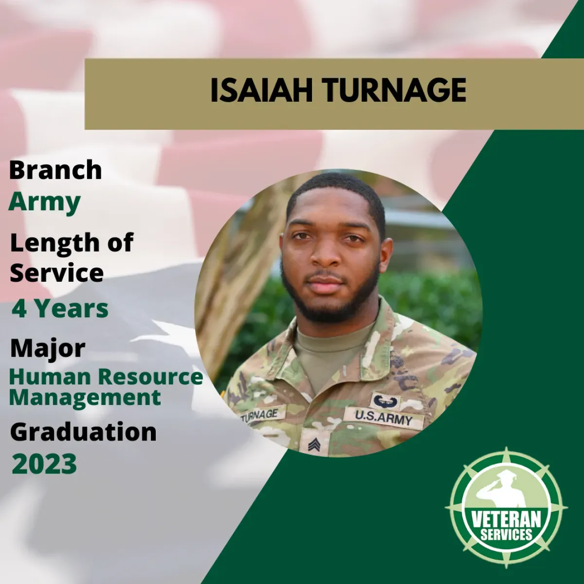 Isaiah Turnage, Army branch, 4 years of service, Human Resources Management major, Graudated 2023