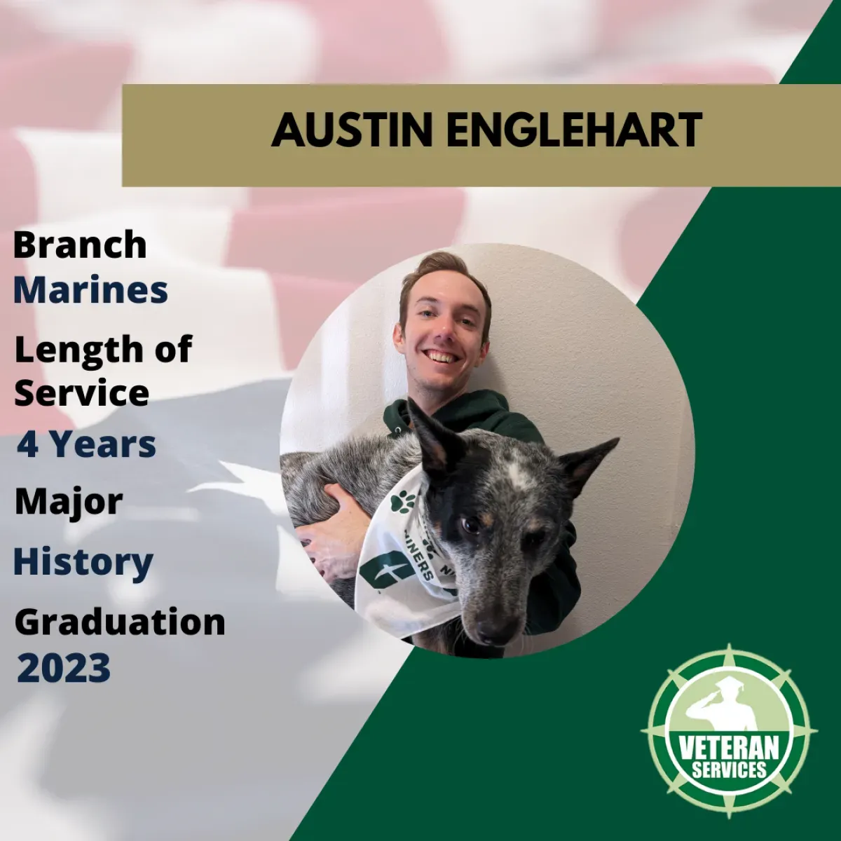 Austin Englehart, Marines branch, 4 years of service, History major, graduated 2023