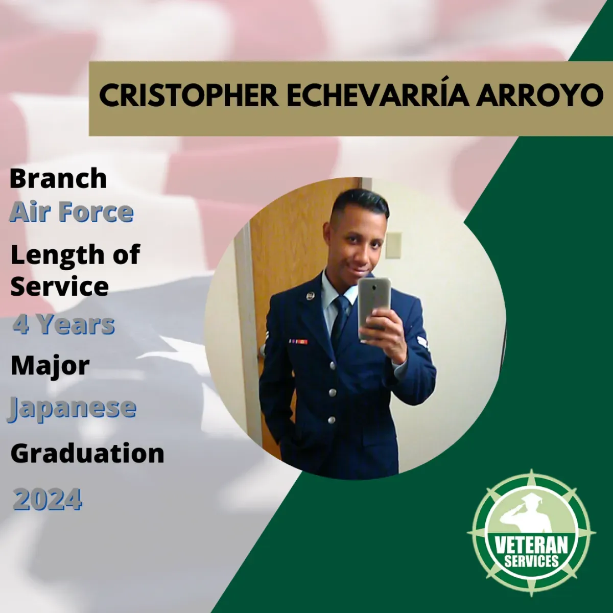 Cristopher Echevarría Arroyo, Air Force branch, 4 years of service, Japanese major, graduated 2024